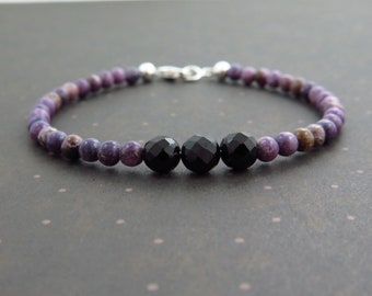 RARE genuine Charoite Tourmaline beaded gemstone bracelet|Black purple jewelry|Healing stone|Gift ideas|Stacking thin bracelet|Minimalist