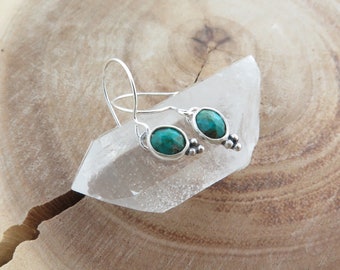 Natural oval Chrysocolla dangle sterling silver earrings|Small minimalist green drop earrings|French hook earrings for her|Classy gift idea