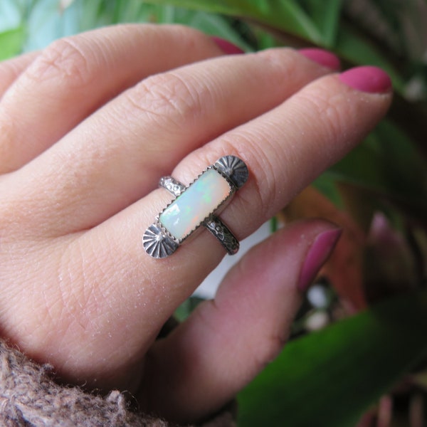 GENUINE natural Ethiopian Welo Opal rectangular minimalist sterling silver ring|Stackable opal ring|Dainty ring|Flashy opal jewelry|OOAK