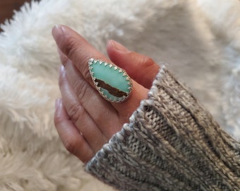 Natural unique Chrysoprase ring on sterling silver wide band|Teardrop ring|Light pastel green stone|Her gift idea, love|Prosperity|Bohemian