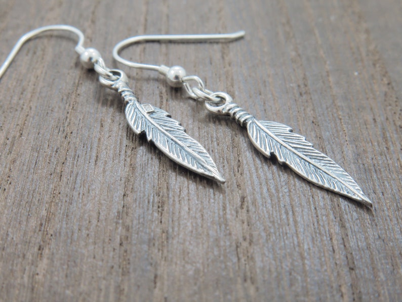 Sterling silver feather dangle drop earrings boho design gift
