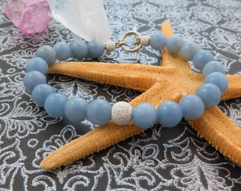 Angelite gemstone silver bracelet|Stardust sparkling silver bead|Light blue gemstone beaded bracelet for her|Serenity yoga stacking jewelry
