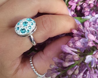 Oval Swarovski crystal ring on sterling silver|Sparkling blue clear crystals|Embellished ring|Handmade ring|Elegant unique glittering ring