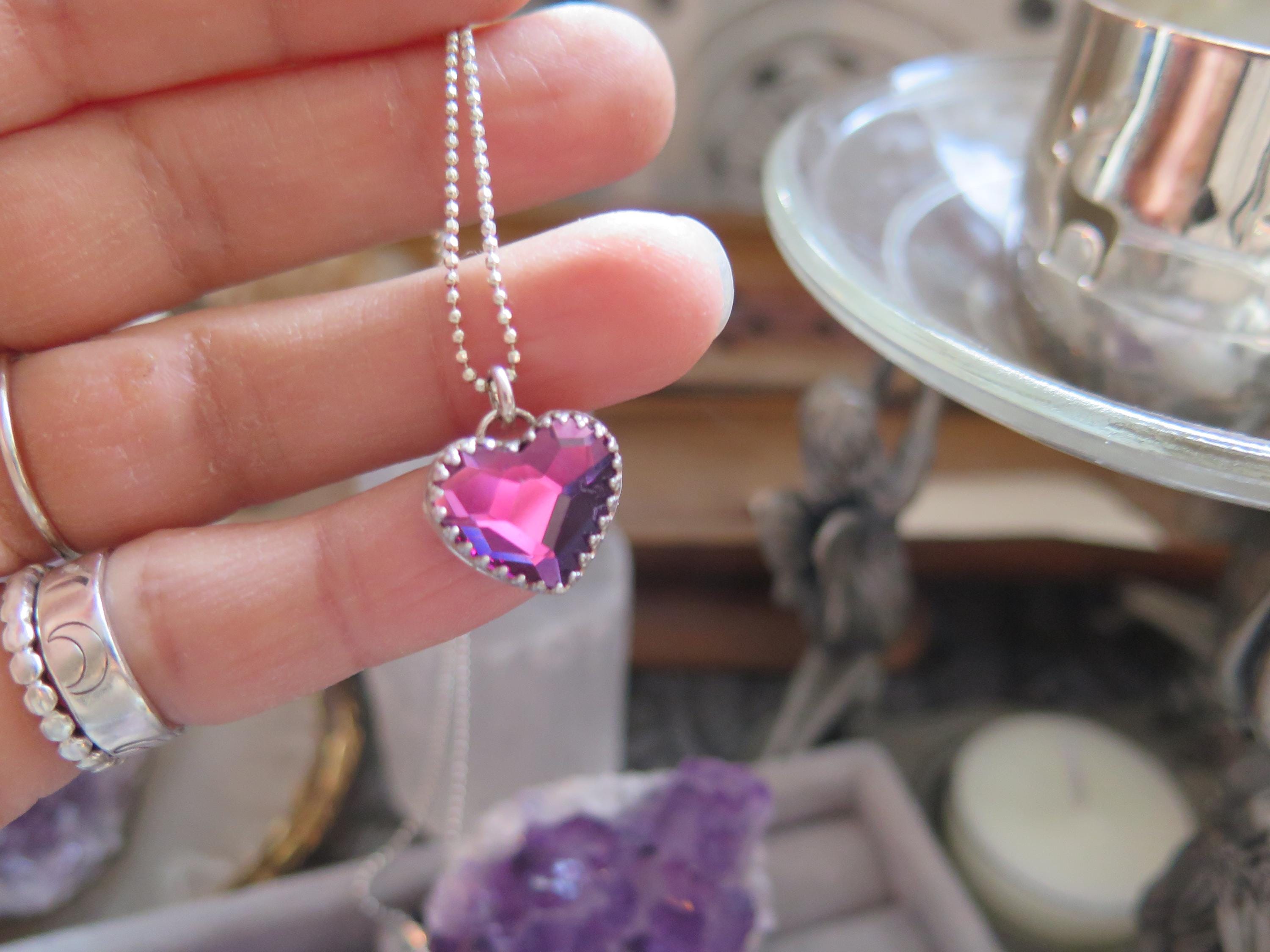 Bright Deep Pink Swarovski Crystal Heart Pendant|sterling 