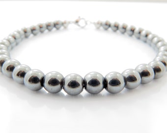 Classy Hematite beaded bracelet|Genuine gemstone mens bracelet|Stainless steel and stone|Mens quality bracelet|Grey polished stone|Men