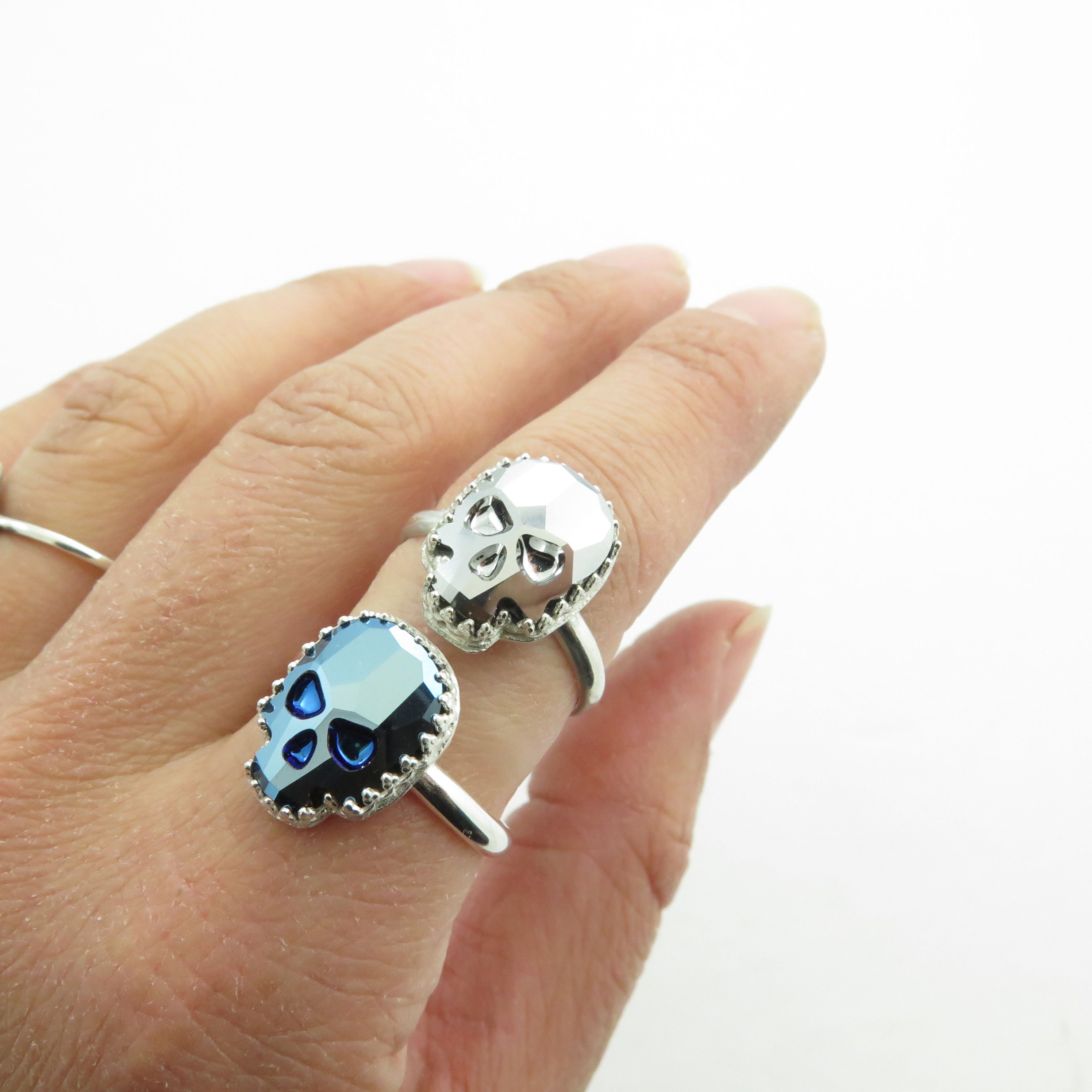 Skull Ring|metallic Blue|silver Sparkling Swarovski Crystal Skull 