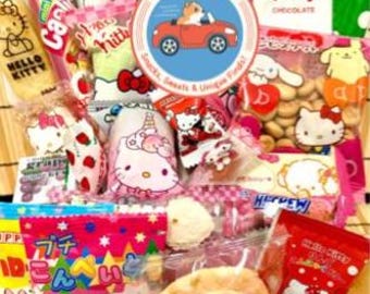 Kitty Surprise Snack Box 25+ Premium Japanese Snacks Treats Konpeito Candy, Ring Bracelet + HK pin & stickers shred in kawaii pink gift box