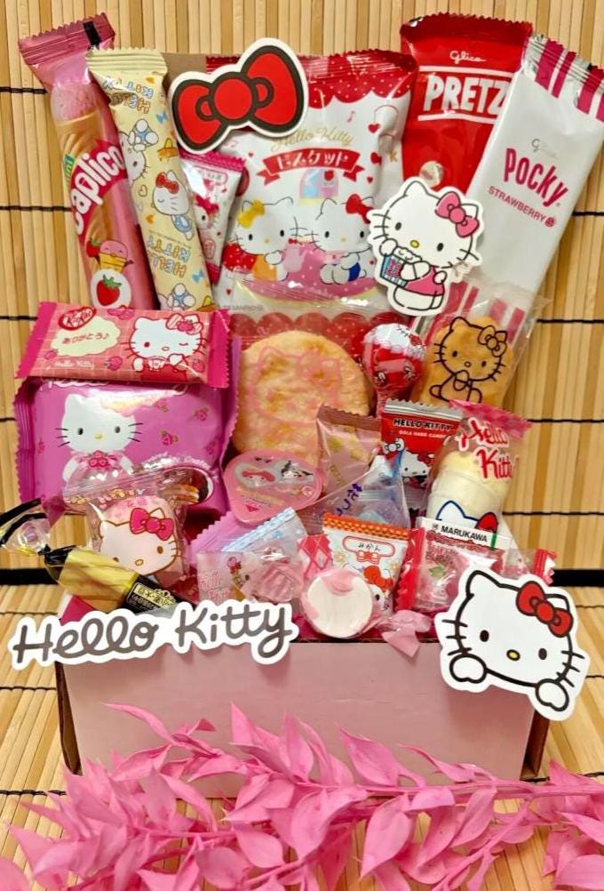 Kawaii Kitty Lot Snack Box with Curated Snacks Treats Candy Konpeito  Dagashi Sample 20 Piece Sweet & Savory Surprise Bundle + HK sticker