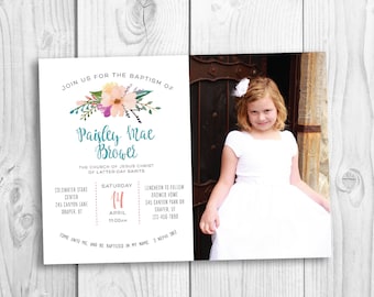 LDS Baptism floral invitation, announcement, printable