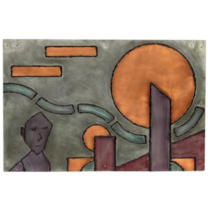 May include: Abstract metal wall art with a green background, a purple figure, and orange and copper circles.