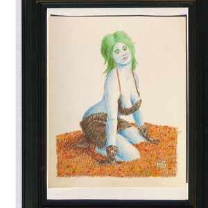 Outer space fantasy drawing of a Space Bimbo woman with green hair by Robert E. Gilbert