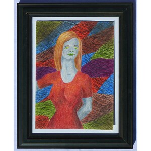 Outer space fantasy drawing of a Space Bimbo  blue skinned woman in a red dress by Robert E. Gilbert