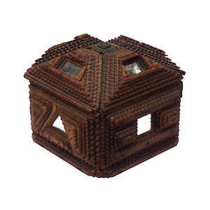 Unusual tramp art box with four triangular hinged lids and eight small mirrors set into the sides and lids Early 1900's. (Offers Considered)