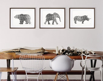 Watercolor Art Prints Animal Art, Elephant, Bear, Rhinoceros, Watercolor Paintings Wall Art Print Set of 3, Black and White Prints 5x7/8x10