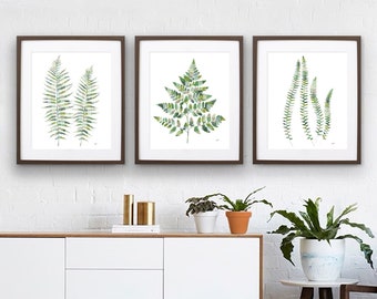 Fern Painting Green Geometric Abstract Leaf Watercolor Prints Set of 3 Leaves Wall Poster Ferns Illustration Living Room Art Gifts for Women