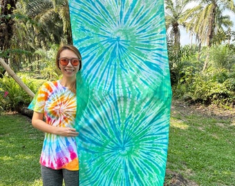 Tie Dye Tapestry Cotton Fabric Art Wall Hanging Blue, Green, White Home Decor 80 x 33 inches Double Swirl, Pareo Skirt