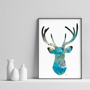 Blue Deer Watercolor Print 8x10 Archival Print Deer Painting Deer Art Print Teal, Blue, Black, Gray Wall Decor Art Home Decor, Gift 12×18 inches