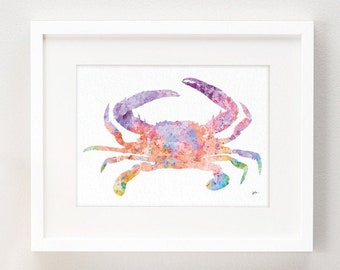 Crab Art Watercolor Painting, Sea Life Wall Art Prints, Home Decor 5x7 Archival Print - Pink, Orange, Purple, Colorful Art Crab Silhouette