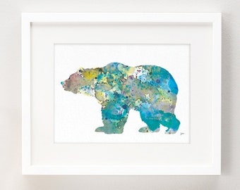 Blue Bear 2 - Art Watercolor Painting - 8x10 Archival Print - Teal, Blue, Gray Bear Art - Bears Grizzly Silhouette Home Decor Wall Art Decor