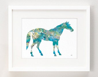 Blue Horse Painting, Watercolor Art Print Equestrian Art - Animal Archival Prints Teal, Blue, Gray Wall Decor, Home Decor, Christmas Gifts