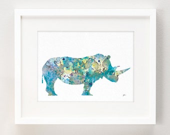 Blue Rhinoceros Watercolor Print - Rhino Art Print - 5x7 Archival Prints, Teal Blue Grey Yellow Painting, Animal Wall Decor Art Home Decor