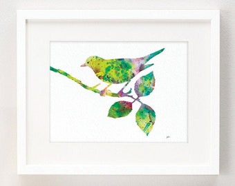 Bird on a Branch, Watercolor Art Wall Hanging Decor 8x10 Art Print, Yellow, Green, Blue, Pink Bird Painting, Living Room Decor Gift for Her