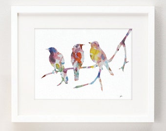 3 Colorful Birds on a Branch - Watercolor Art, Wall Hanging Decor - 8x10 Art Print, Birds Painting, Living Room Home Decor -  Gift for Her