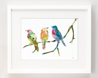 Birds on a Branch Art Print, 8x10 Bird Wall Decor - Watercolor Art, Colorful Painting, Home Decor Gifts - Blue, Pink, Green, Orange, Yellow