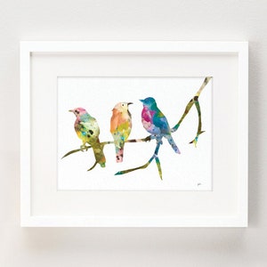 Birds on a Branch Art Print, 8x10 Bird Wall Decor Watercolor Art, Colorful Painting, Home Decor Gifts Blue, Pink, Green, Orange, Yellow image 1