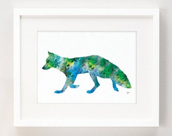 Blue Fox Watercolor Painting, 8x10 Archival Prints Fox Art Print Silhouette Wall Art - Blue, Green, Yellow, Black Wall Decor, Home Decor