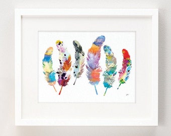 Watercolor Print - Feather Art, Archival Print, Colorful 6 Feather Painting - Feathers Art Print - Wall Decor Art Home Decor, Gift for Her