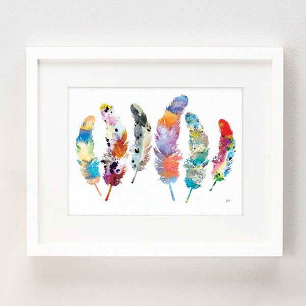 Watercolor Print - Feather Art, Archival Print, Colorful 6 Feather Painting - Feathers Art Print - Wall Decor Art Home Decor, Gift for Her