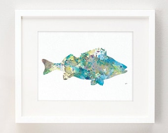 Fish Art Print Aquarelle Art 5x7 Impression archivistique - Bleu, Sarcelle, Crème, Gris - Art marin, Aquatique, Nautique - Décor mural, Décor maison et vivant