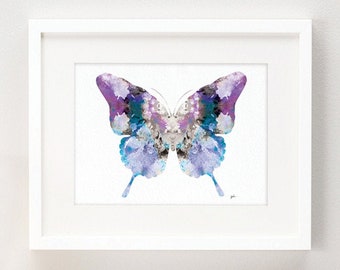 Blue Butterfly Watercolor Painting, Wall Art Prints 5x7/8x10/11x14 Print - Purple, Blue, White, Gray, Black - Colorful Butterfly Wall Decor