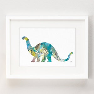 Blue Dinosaur Watercolor Print 5x7 Archival Print, Brontosaurus Dino Painting, Dinosaur Art Print Wall Decor Art Home Decor Gifts image 1