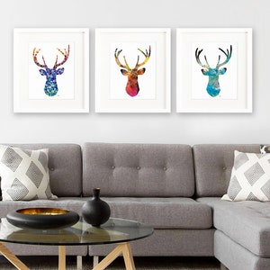 Antler, Stag, Blue Deer Print Set of 3, Minimalist Art, Watercolor Poster Silhouette Art - Wall Decor, Home Decor, Gifts - 8x10 Prints