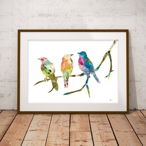 Birds on a Branch Art Print, 8x10 Bird Wall Decor Watercolor Art, Colorful Painting, Home Decor Gifts Blue, Pink, Green, Orange, Yellow image 3