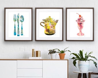 Fork Knife Spoon, Coffeepot, Sundae, Watercolor Art Prints Set of 3 Paintings 5x7/8x10/11x14 Blue, Yellow, Pink Kitchen Wall Art Home Decor