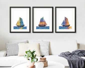 Watercolor Art Print Set - Sailboat Art Prints Watercolor Painting - Geometric Wall Art Boat Sailing Watercolor Art Home Decor Poster Gifts