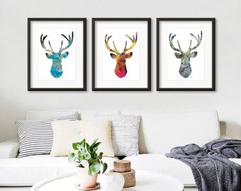 Deer Watercolor Paintings Art Print Set of 3 Prints - Deer Posters Wall Decor Home and Living Wall Art Gifts Blue Deer, Red Deer, Gray Deer