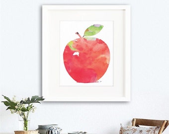 Apple Painting Wall Decor, Kitchen Wall Art, Apple Art Print, Red and Green Watercolor Art, Minimalist Home Decor, Housewarming Gift, Poster