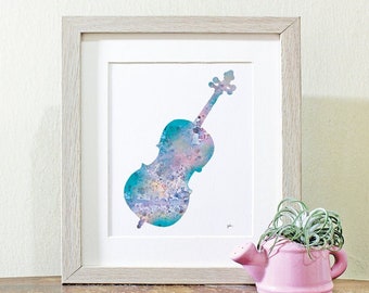 Blue Cello Art Watercolor Painting - 5x7 Archival Print - Cello Silhouette Home Decor, Music Instrument Wall Decor, Home Decor