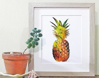 Pineapple Art Watercolor Painting Wall Decor, Tropical Home Decor 5x7 Archival Print, Yellow, Orange, Green Fruit Art Kitchen Decor Gifts