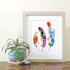 Colorful Feathers Watercolor Print - 5x7 Archival Fine Art Print - Feather Print Wall Decor - Feather Art Bedroom Gift, Bohemian Home Decor