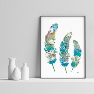 Blue Feathers Watercolor Painting, Watercolor Art Print Feather Wall Decor, Teal, Gray, Blue Art Prints, Girls Room Home Decor, Gifts image 3