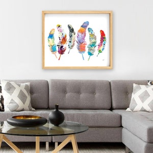Watercolor Print Feather Art, Archival Print, Colorful 6 Feather Painting Feathers Art Print Wall Decor Art Home Decor, Gift for Her 24×36 inches