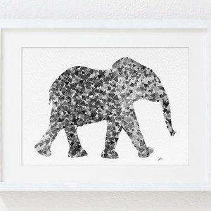 Geometric Art Elephant Watercolor Painting, 5x7 Archival Print - Gray Baby Elephant Wall Decor, Wall Art - Decor Housewares, New Baby Gifts