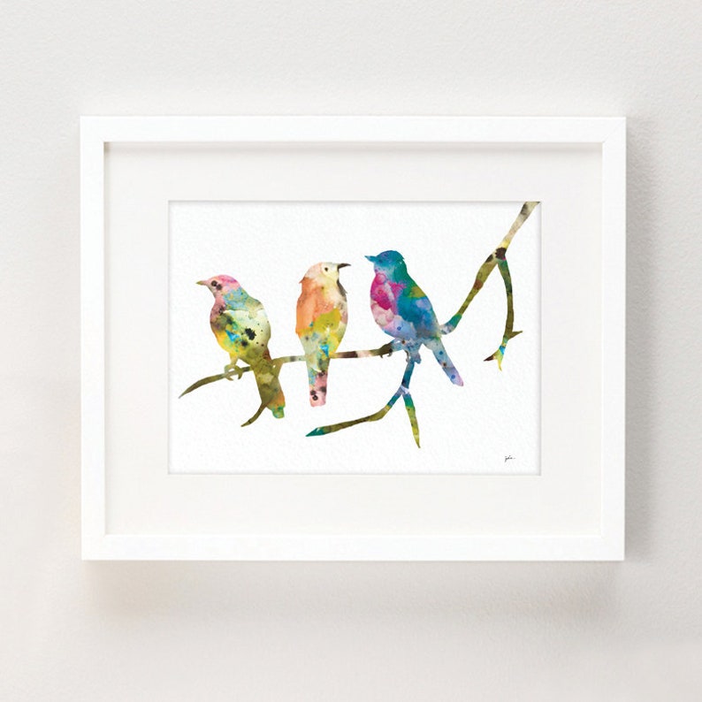 Birds on a Branch Art Print, 8x10 Bird Wall Decor Watercolor Art, Colorful Painting, Home Decor Gifts Blue, Pink, Green, Orange, Yellow image 1