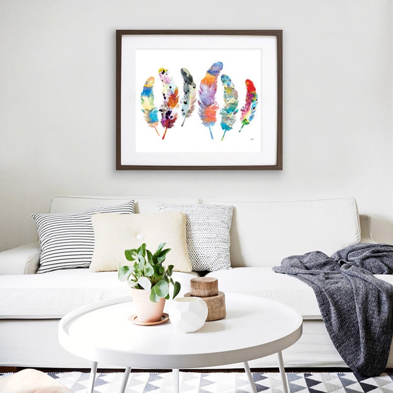 Watercolor Print Feather Art, Archival Print, Colorful 6 Feather Painting Feathers Art Print Wall Decor Art Home Decor, Gift for Her 18×24 inches