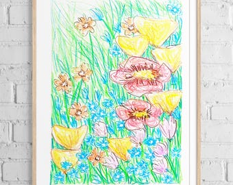Summer Wildflowers 8x10 inch Art Print 8x10 Colored Pencil Drawing, Whimsical Floral Home Decor Colorful Flowers Wall Art Made to Order Gift